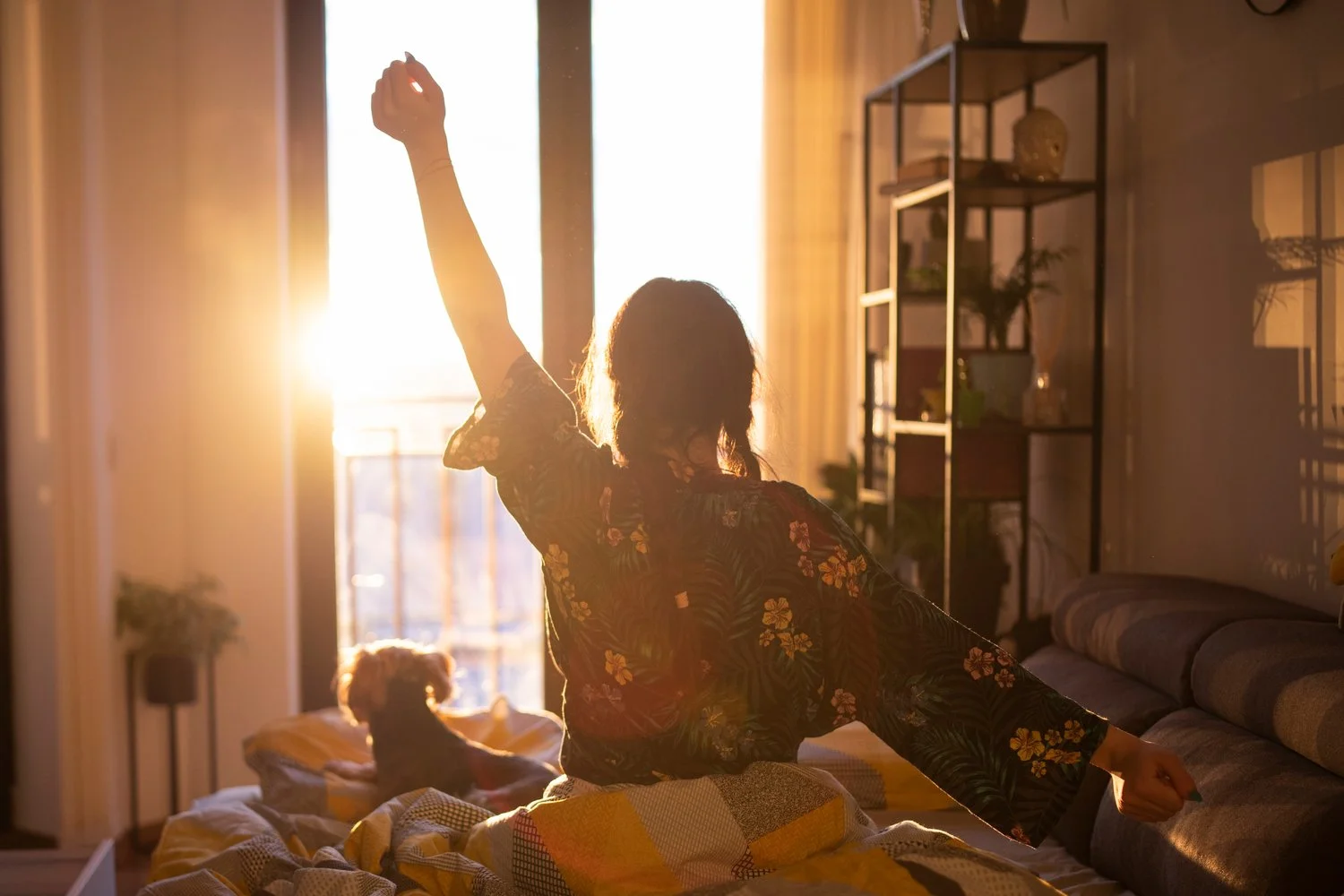 Person waking up peacefully in soft morning light